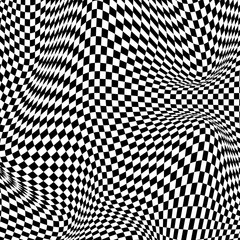 Abstract black and white curved grid vector background. Abstract black and white geometric pattern with squares. Contrast optical illusion. Vector Illustration