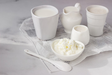 Fototapeta na wymiar Different types of dairy products. Farming cottage cheese, milk and buttermilk in white ceramic dishes. Healthy food concept with organic dairy products.