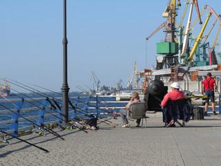 Men catch fish from the promenade near the river port. Unloading ships and working cranes.