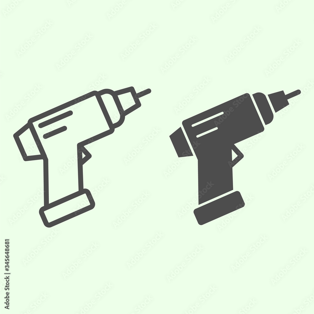 Poster drill line and solid icon. handle cordless electric screwdriver outline style pictogram on white bac