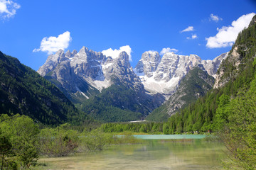 Dürrensee mit Monte Cristallo im Frühling, Dolomiten, Italien, Europa