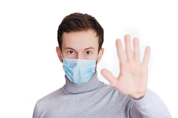 Protective mask. Open palm stop gesture. Stop epidemic. Virus co