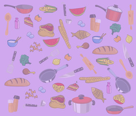collage of kitchen utensils and food