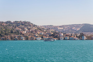 Fototapeta na wymiar View of the Bosphorus from the wall of the historic Rumelihisari or Rumelian Castle in Istanbul. Turkey