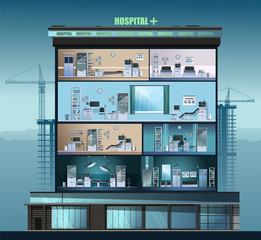 A hospital where doctors' offices are visible. Evening landscape. Vector graphics.