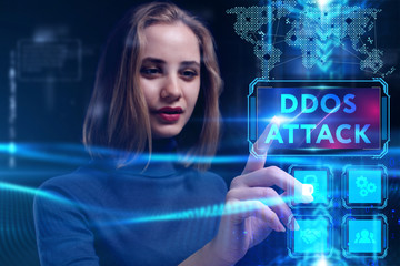 Business, Technology, Internet and network concept. Young businessman working on a virtual screen of the future and sees the inscription: Ddos attack