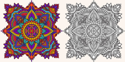 Coloring page. Antistress coloring book for adults. Mandala. Outline drawing and coloring example