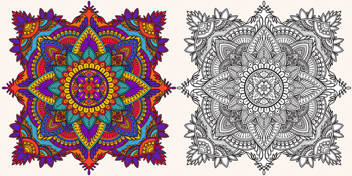 Coloring page. Antistress coloring book for adults. Mandala. Outline drawing and coloring example