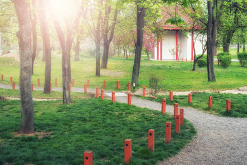 Beautiful tea house in japanese garden at spring morning