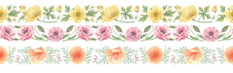 Set of hand-drawn watercolor horizontal borders with wildflowers. Ribbon with poppy, California poppy, buttercups, leaves and butterflies. Botanical illustrations for design, invitations, decorations.