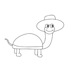 Turtle isolated on a white background. Character for coloring. Vector outline illustration in flat style. Cute turtle in a hat. Coloring book for children and adults. Art therapy.