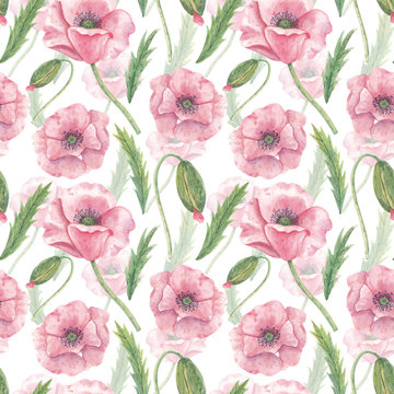 Hand-drawn seamless watercolor pattern with wildflowers. Background with red poppies, buds and leaves. Botanical illustration for design, wallpaper, fabrics, print, postcards and more.