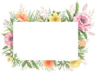 Hand-drawn watercolor rectangular frame of wildflowers. Border with poppy, California poppy, buttercups, leaves and herbs. Botanical illustration for design, invitations, decorations, prints, cards.
