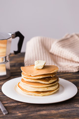 Homemade american pancakes. Healthy morning breakfast. Rustic style
