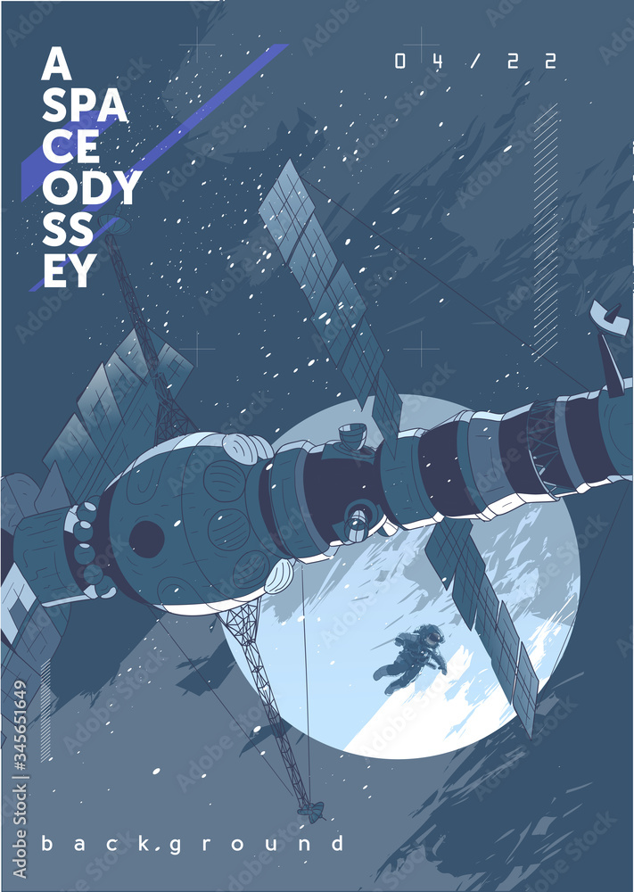 Poster vector illustration of space and planets. space station and astronaut. background image for the post