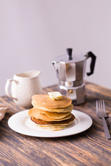 Homemade american pancakes. Healthy morning breakfast. Rustic style