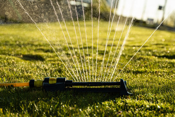 Lawn sprinkler spraying water over green grass. Modern device of irrigation garden grass. Irrigation system - technique of watering in the garden. Watering the Lawn with Sprinkler.