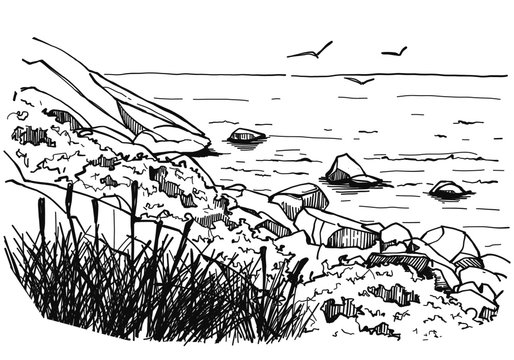Illustration sketch landscape sea view, hand drawn outline eps10.