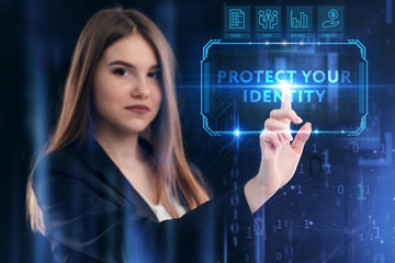Business, Technology, Internet and network concept. Young businessman working on a virtual screen of the future and sees the inscription: Protect your data