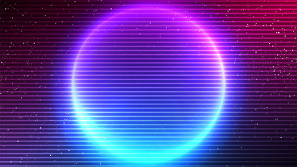 Cyberpunk background. Neon circle glow. Pink blue round gradient glowing. Horizontal old TV lines effect. 80s retro future style. Disco party flyer vector template. Vaporwave or retrowave circle