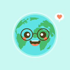 Cute cartoon earth character. World map globe with smiley face  vector illustration.