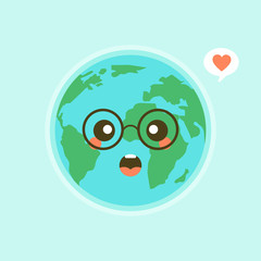Cute cartoon globe characters with glasses. Save the earth concept. Vector illustration isolated on color background.