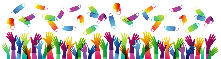 Quarantine is over. pandevic end. end the lockdown. coronavirus is finish. Hands up. multi-national group of people cheers with their hands raised in protective gloves throw up protective masks.