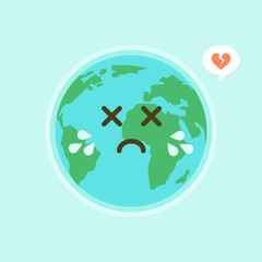 Fototapeta premium Crying earth because of human devotion. Save the earth, earth cry sad of war and fire cartoon. Conserve the earth. environmental pollution
