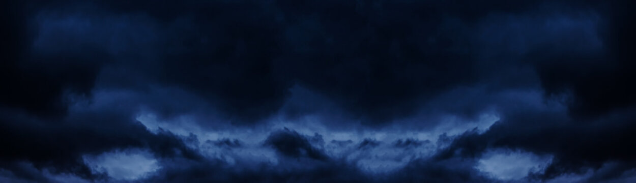 Dark cloudy sky before thunderstorm wide background. Hurricane heaven long pattern. Abstract gloomy widescreen wallpapers