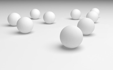 White abstract background. Set of white balls isolated on white backdrop. 3D illustration