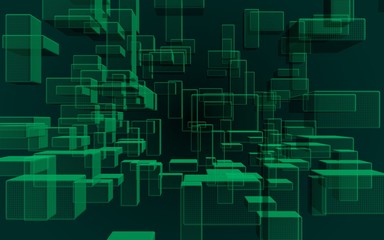 Green and dark abstract digital and technology background. The pattern with repeating rectangles. 3D illustration
