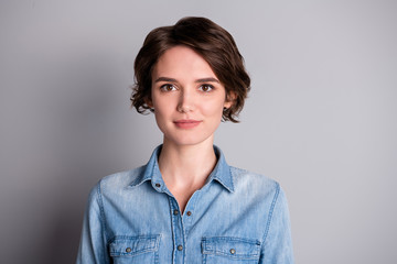 Closeup photo of cute attractive cheerful business lady perfect groomed wavy bobbed hairdo smiling...
