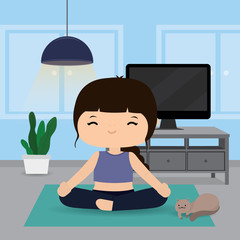 Quarantine, stay at home concept. Working from home, Woman doing exercise and yoga training at home gym. Character Cartoon Vector illustration