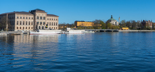 Fototapeta na wymiar Skeppsholmen (central district). Stockholm capital of Sweden. Lakeside panorama. Travel photo.