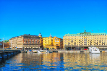 Ostermalm (central district). Stockholm capital of Sweden. Lakeside panorama. View with boats.