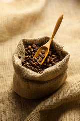 Burlap hessian sack of roasted coffee beans
