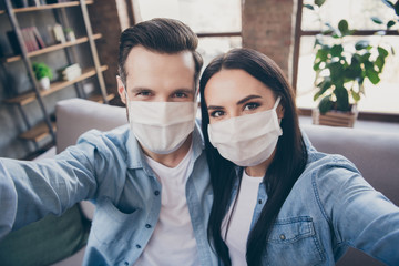 Close up photo of two people spouses make selfie blogging healthcare cov infection epidemic...