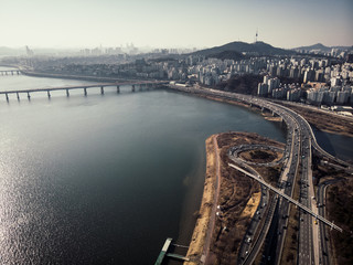 Aerial view of highway, river and skyscrapers in Seoul