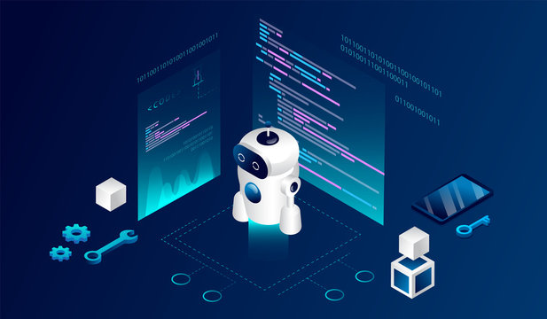 Isometric 3D Robotics Courses Concept. Modern Robot Among Program Codes And Infographic. Possibility Of Control, Programming And Experimenting Of The Education Project. Cartoon Vector Illustration