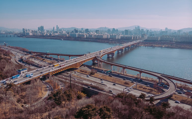 Aerial view of highway, river and skyscrapers in Seoul