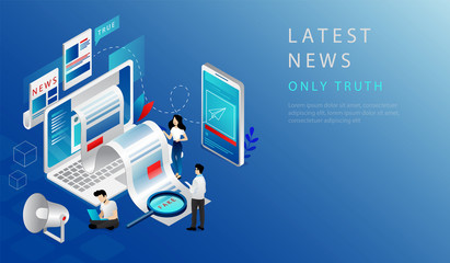 Isometric 3D Concept Of Latest News. Website Landing Page. News Update, Online News. People Work In Team, Sorting True Information From Fake, Publish True News. Web Page Cartoon Vector Illustration