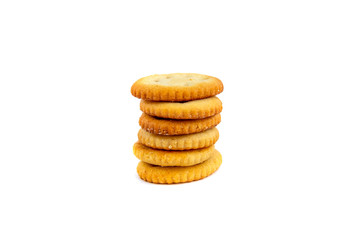 Stack of crispy cheese crackers on white background. Isolated photo. organic crispy crackers