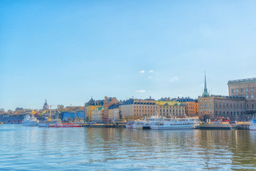 View of the old town (gamla stan). Stockholm capital of Sweden. Lakeside panorama. Travel photo.