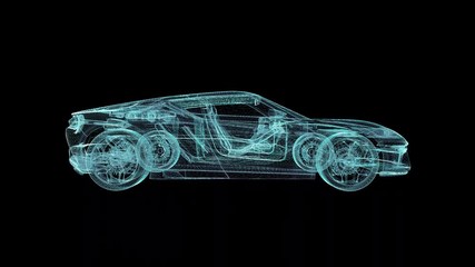 Sport Car Hologram Wireframe. Nice 3D Animation on a black background with a seamless loop for futuristics projects - Powered by Adobe