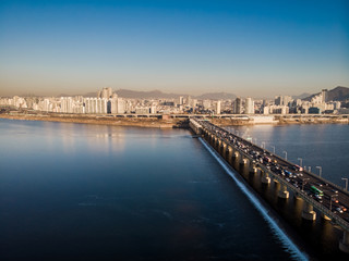 Fototapeta na wymiar Morning aerial view on big city