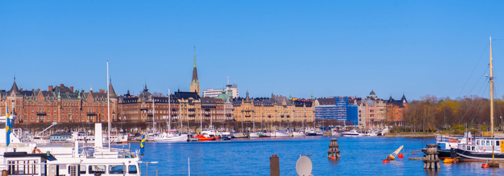Ostermalm (central district). Stockholm capital of Sweden. Lakeside panorama. View with boats.