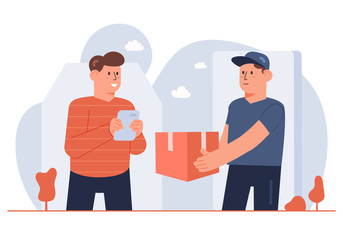 Delivery Guy Smartphone Concept  with Happy Customer Flat Style Vector Illustration Design