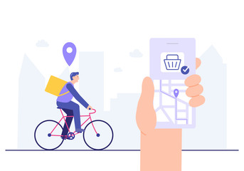 Fototapeta na wymiar Delivery App Concept Delivery Guy on Bike and Hand Holding Smartphone Flat Style Vector Illustration Design