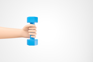 Cartoon hand holding small blue dumbbell over white background with copy space.