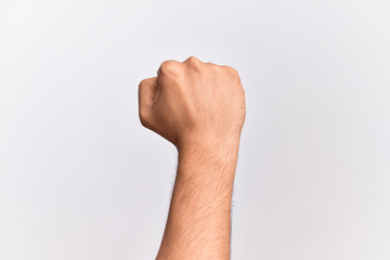 Hand of caucasian young man showing fingers over isolated white background doing protest and...